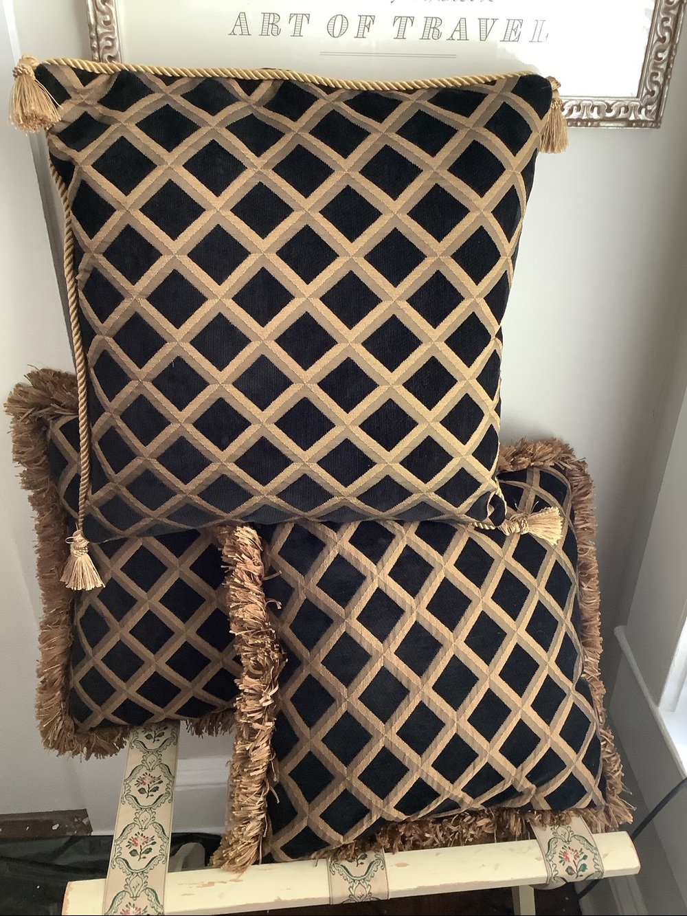 Embroidered Brown & Gold Chenille Fringe Throw Living Room Sofa Accent Pillows